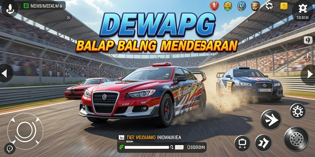 Tampilkan gameplay seru DEWAPG dengan mobil balap melaju cepat.